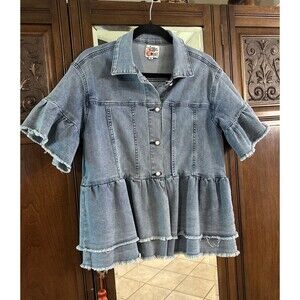 Zig Zag Stripe Short Sleeve Stretch Denim Jacket Frayed Tiered Hem Size M